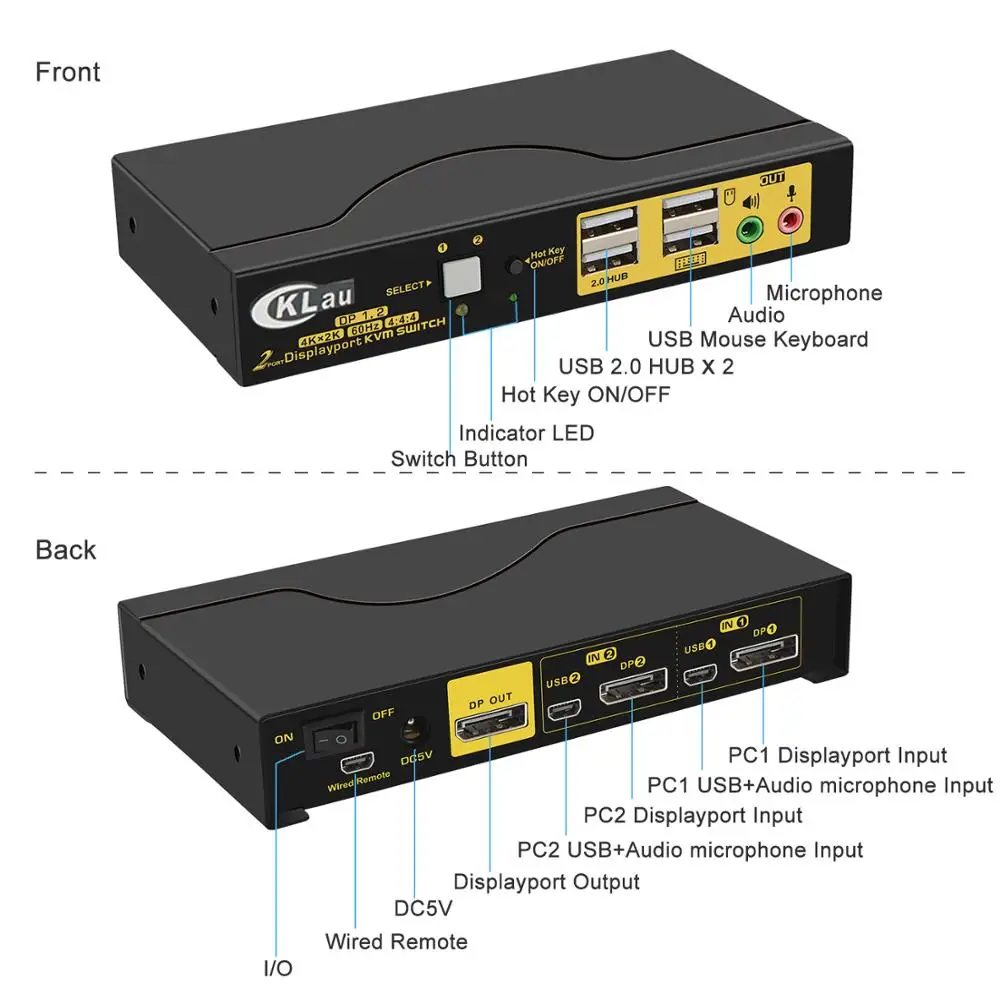 Conmutador KVM Displayport de 2 puertos, conmutador DP KVM con resolución de Audio y micrófono de hasta 4K x 2K @ 60Hz 4:4:4 ,CKL-62DP