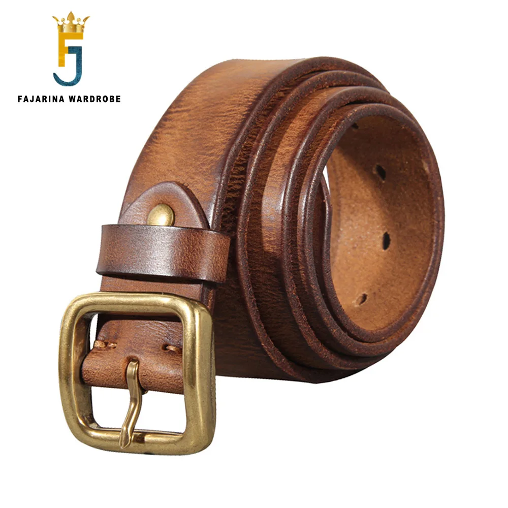 FAJARINA Top Quality Men‘s Retro Cowhide Leather Belts Solid Pure Cow Skin Brass Pin Buckle Metal Belt for Men 3.8cm N17FJ886