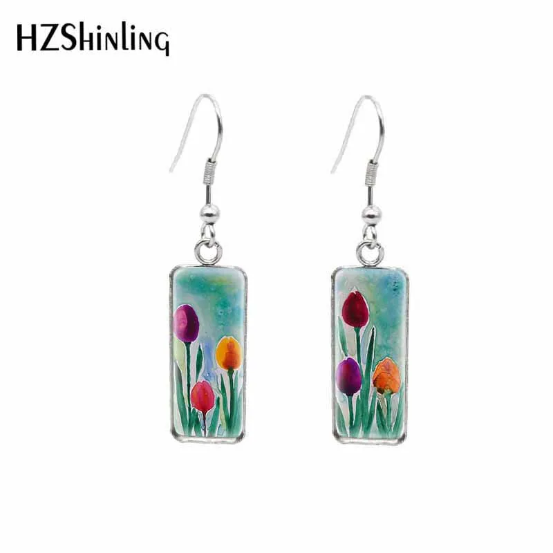 Tulips flower Paintings Rectangular Hook Earrings Glass Cabochon Dangle Drop Stainless Steel  Ear Jewelry