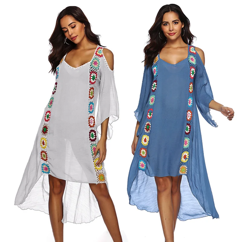 

Women Beach Dress Cover-ups Crochet Swimsuit Cover Up Robe Swimming Beachwear 2021 Long Swim Cape for Woman Tunic Dresses