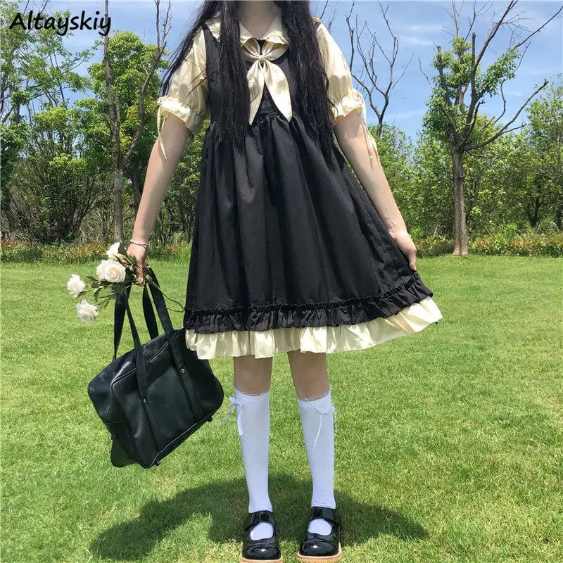 Dress Women Preppy Kawaii Japanese Style Bow Patchwork Lolita Sweet Mujer Spring Design Popular New Fashion Soft Leisure Ruffles