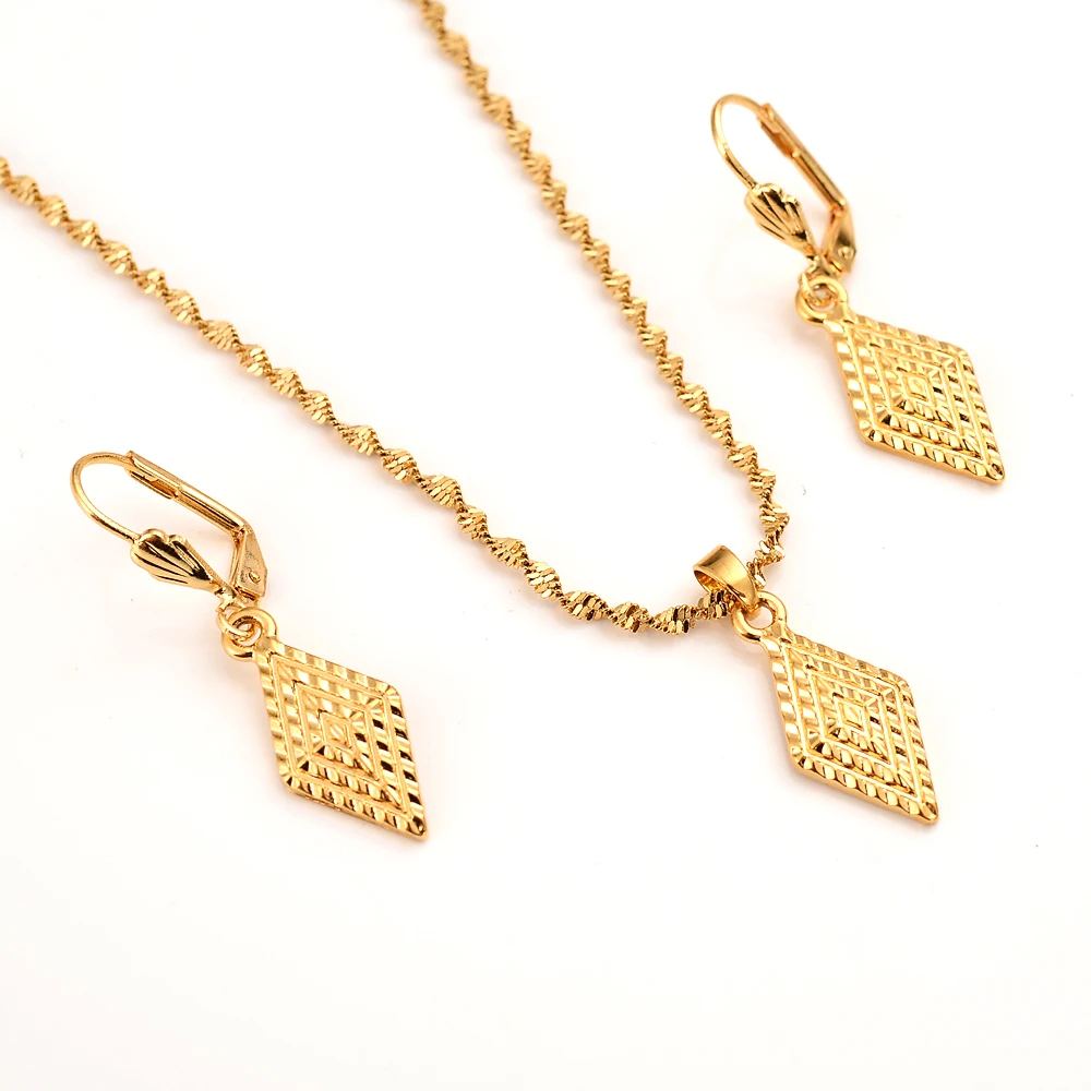 Bangrui New African Gold Color Women Jewelry Romantic Wedding Jewelry Sets Square Geometric Pendant Earrings Girls Kids Gift