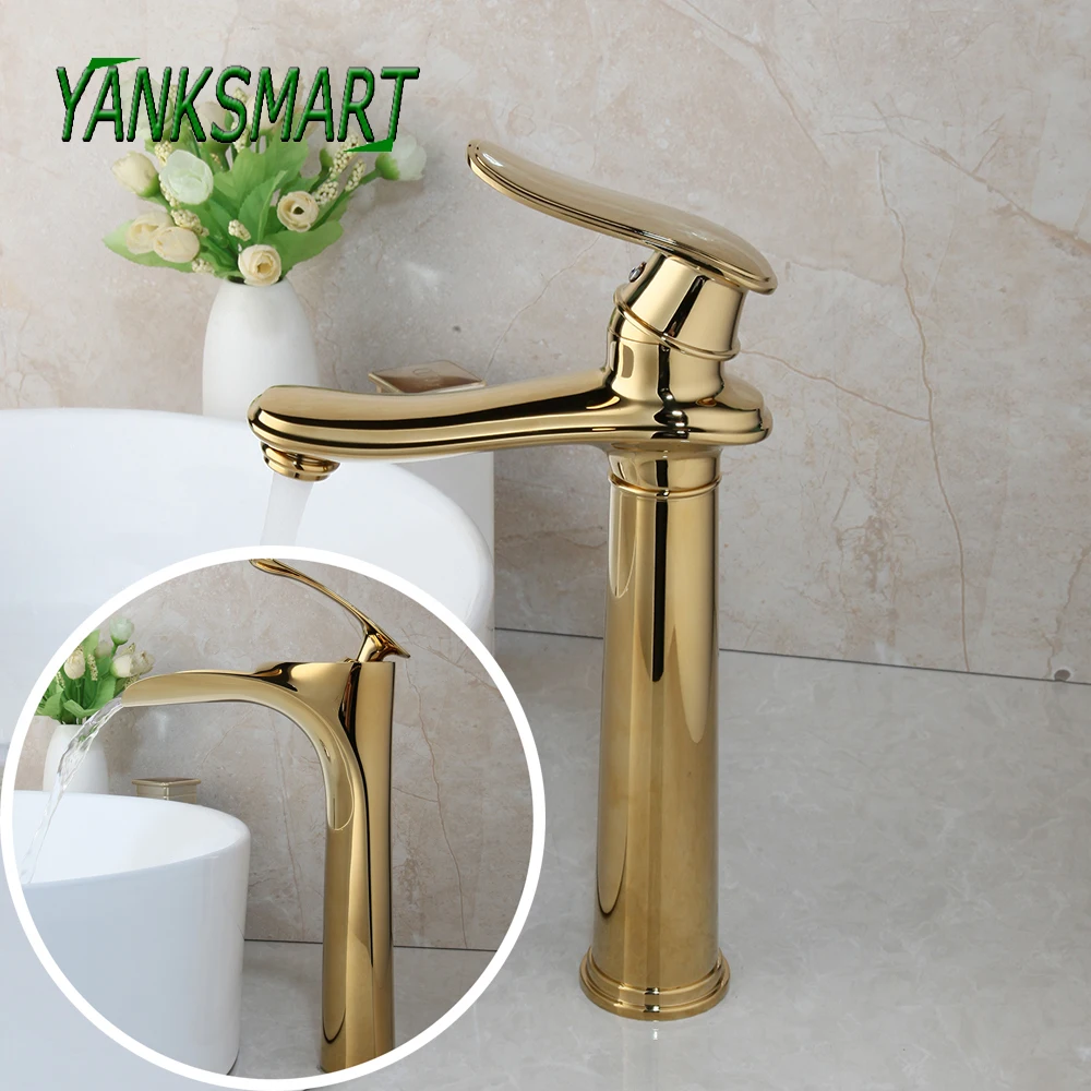 YANKSAMRT Modern Luxury Gold Plated Long Solid Brass Bathroom Basin Sink Faucets Golden Polished Deck Mounted Faucet Mixer Tap