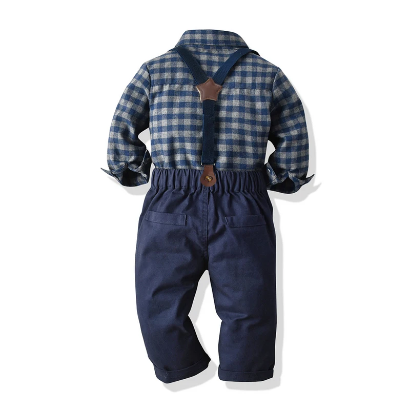 top and top Toddler Kids Boy Casual Clothes Set Long Sleeve Plaid Shirts+Suspenders Pants Boys Gentleman Suit 2PCS Outfits