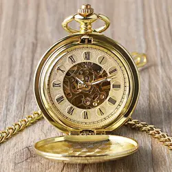 Orologio da tasca liscio con scheletro Color oro pieno orologio da polso meccanico con numeri romani orologi da uomo doppio orologio aperto per uomo donna