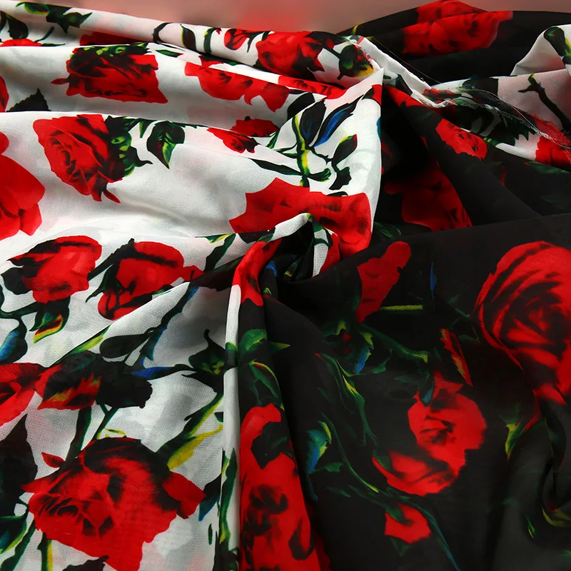 145x100cm,3D Beautiful Black White Rose Printed,Chiffon Fabric, Light And Breathable ,Sewing Material,DIY  Women Dress,Scarf