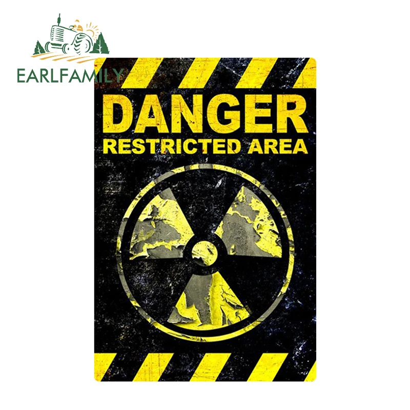 EARLFAMILY 12cm x 8.2cm DANGER Restricted Area Funny Car Stickers GRUNGE FS980 Radiation Sign Vinyl Reflective Decal