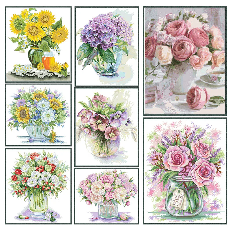 Flower Vase Series Cross Stitch Pattern Kits Embroidery Needlework Sets Unprinted Canvas 11CT14CT DIY Crafts Home Decor Painting