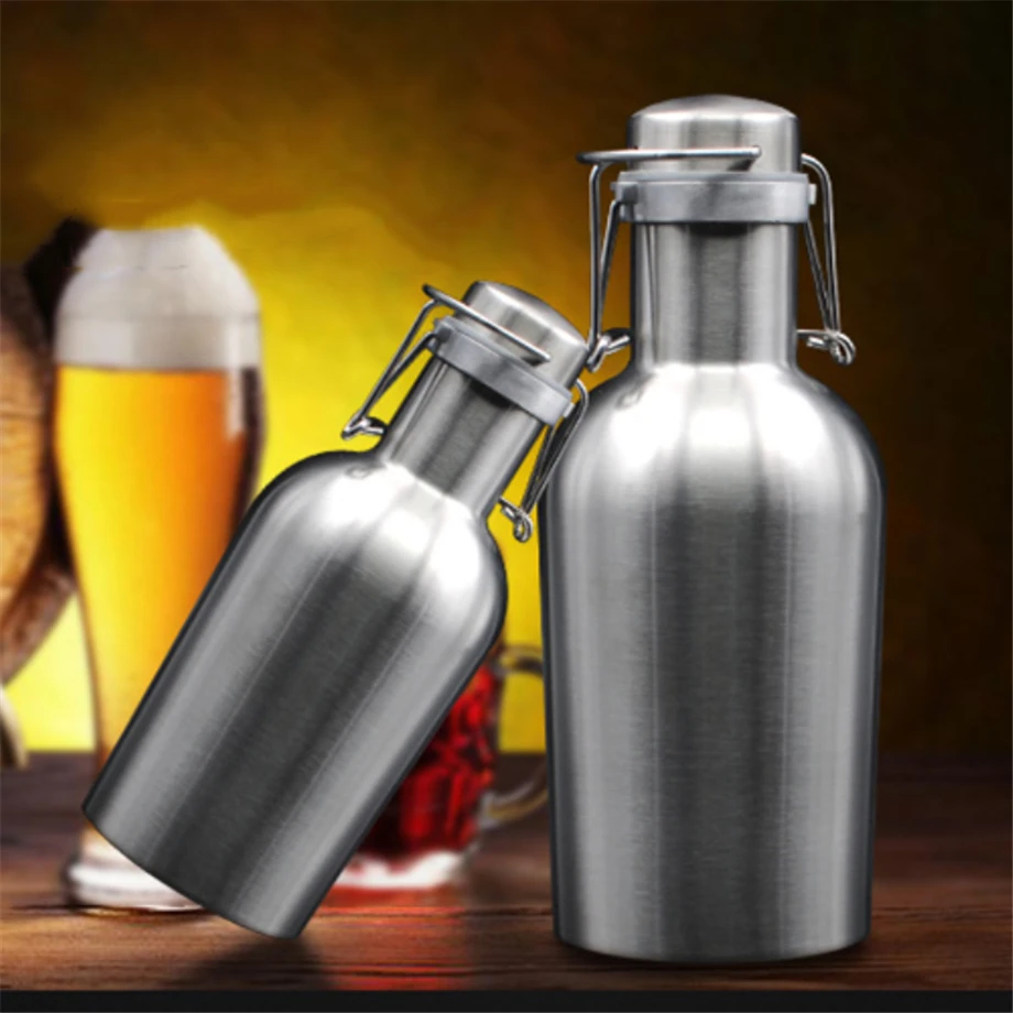 

60pcs/Lot 1L Beer Growler 32oz Brewing Bottle Wine Keg 18/8 Stainless Steel Jar Single Wall Pot BPA Free Air-tight Swing Cap