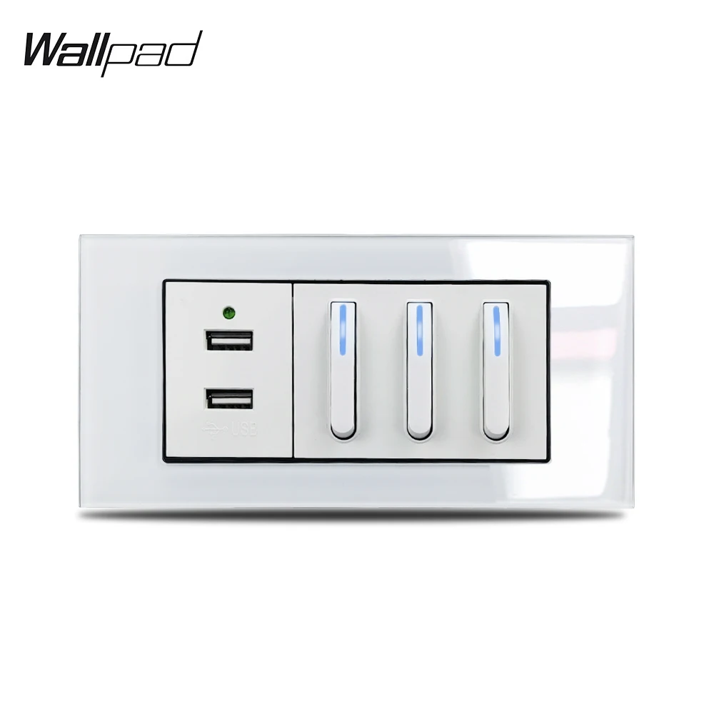 

153*75mm Piona 3 Switch and USB Socket Wallpad L3 White Glass Panel 16A 2 USB Power Charger and 3 Push Switch with LED Indicator