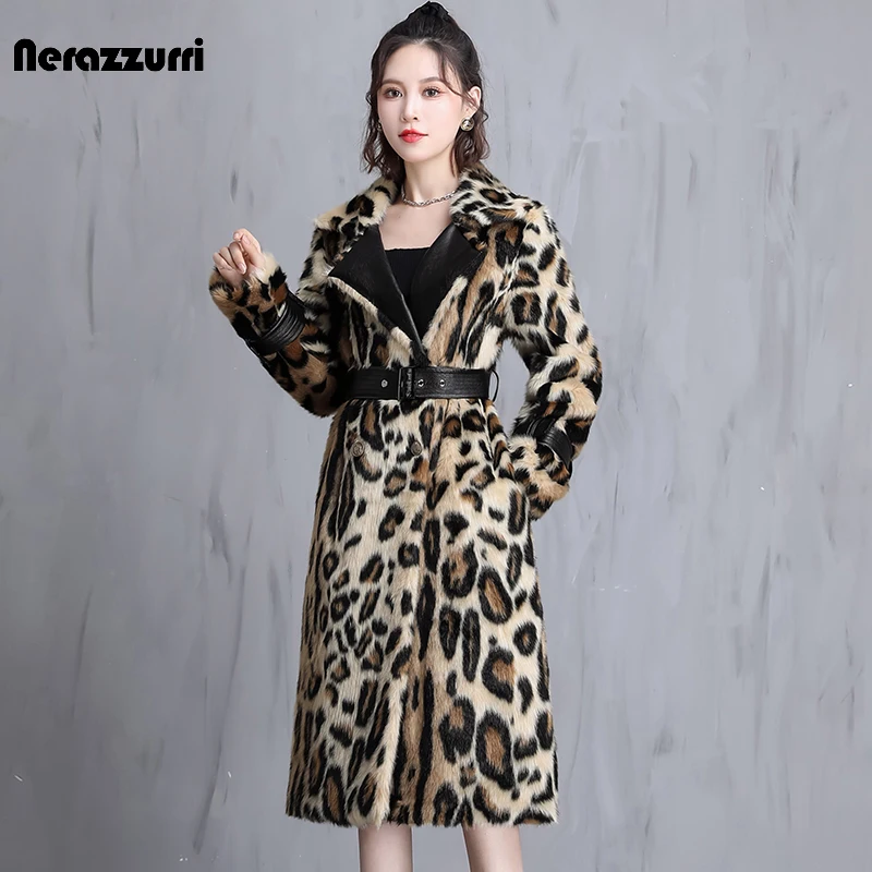 Nerazzurri Winter Long Leopard Print Warm Fluffy Faux Fur Coat Women with Leather Belt Runway Luxury Europen Style Fashion 2021