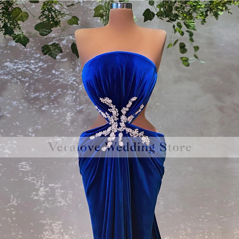 Royal Blue Gown Women Prom Dress Mermaid Velvet Beads Strapless Cutway Side Sexy African Girl Evening Party Dresses