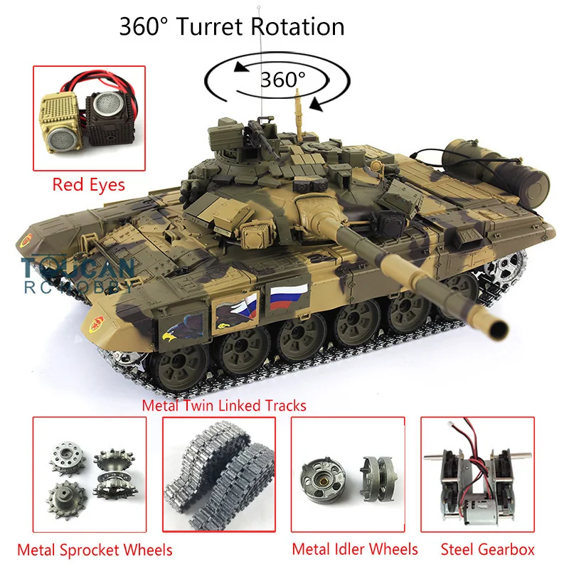 

HENG LONG 1/16 7.0 Upgraded Russia T90 RTR Remote Control Tank 3938 W/ 360° Turret Red Eyes TH17851-SMT4