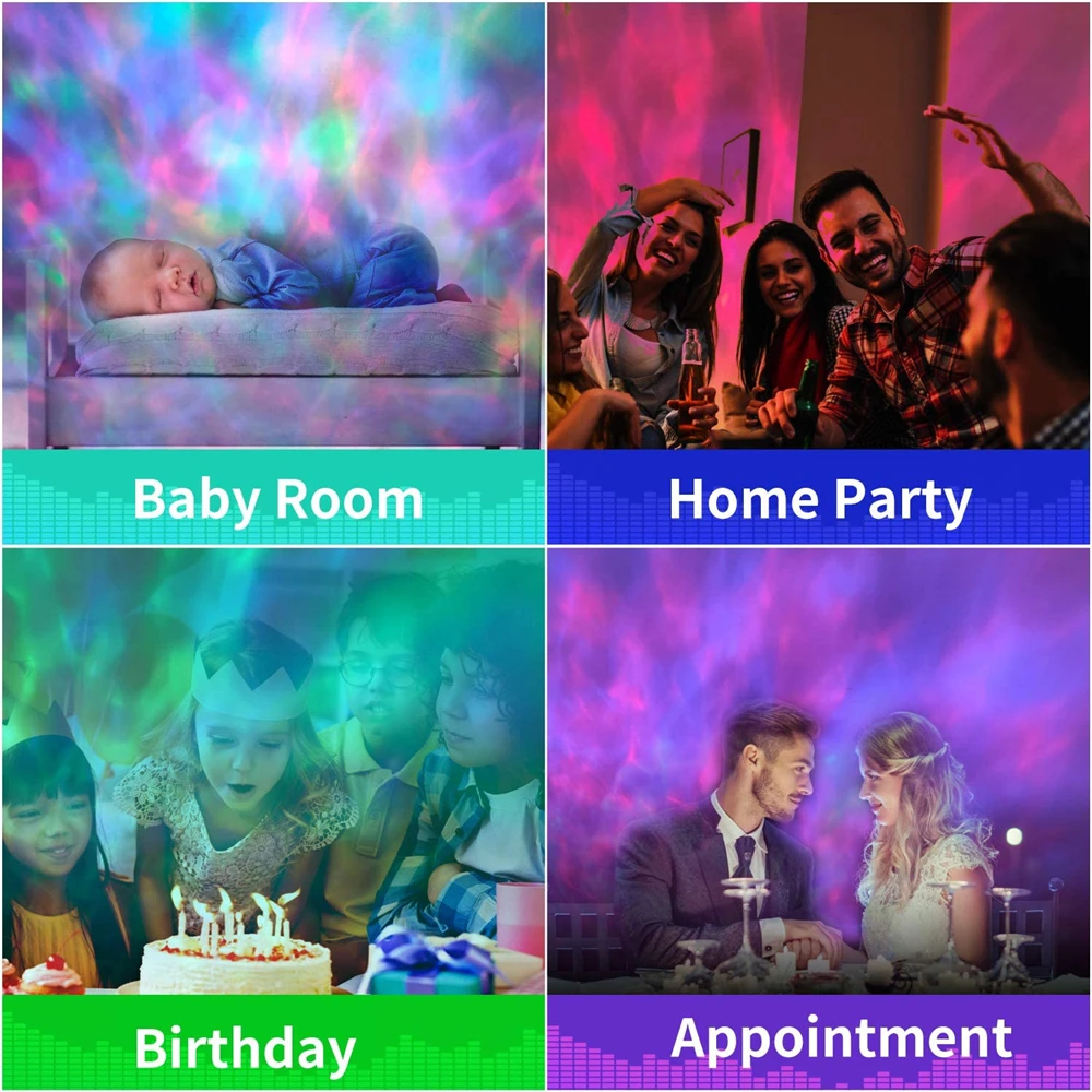 USB LED Night Lights Projector Lamp Ocean Wave Bluetooth Bedside Lamp 8 Colors Changing Music Player Remote Control Night Lamps