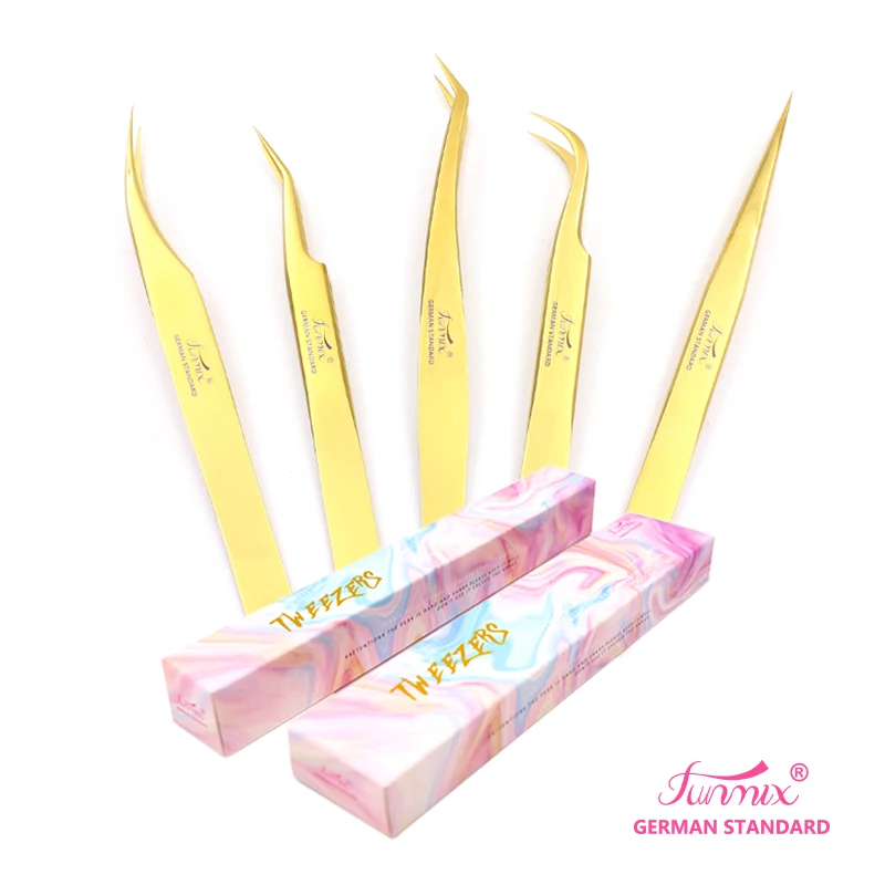 5pcs/set FUNMIX Golden Premium Makeup Tweezers Lashes Pincers For Eyelash Extension Watch Repair Stainless Steel ESD