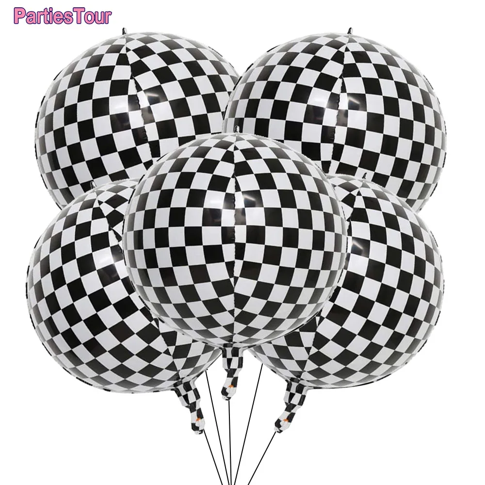 5pcs Large 22 Inch 4D Black White Checkered Balloons Checkered Flag Ballons Racing Car Theme Birthday Party Decorations Kids