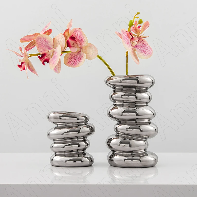 

Creativity Silver Plated Ceramic Vase Nordic Modern Circle Mirror Hydroponic Vases Shaped Decorative Ornaments Home Decoration