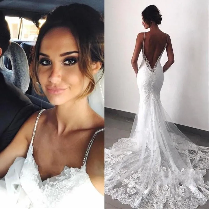 Sexy Backless Lace beach Wedding Dresses 2019 Spaghetti Straps Mermaid Lace Appliqued Boho Bridal Gowns robe de mariee