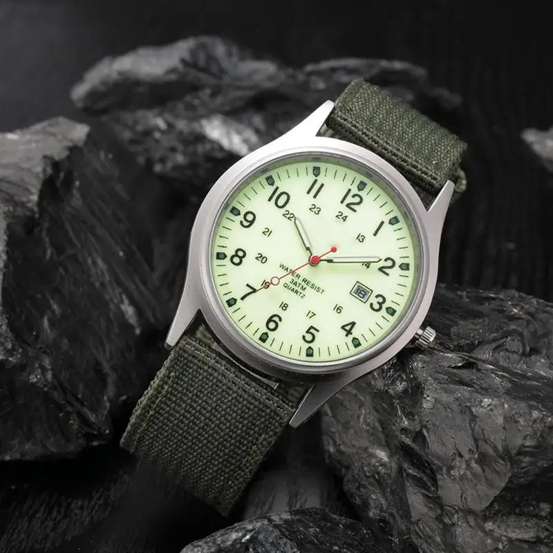 Montre de terrain pour homme, mains shoes, ceinture en toile tissée, vert structurels ent, montre pour homme, cadeau d'affichage de la semaine du calendrier, mode masculine