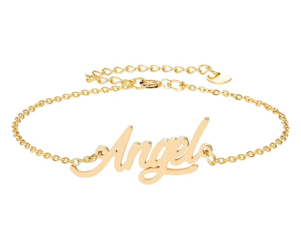 Angel Name Bracelet for Women Girl Jewelry Stainless Steel with Gold Plated Nameplate Charm Femme Mother Girlfriend Best Gift