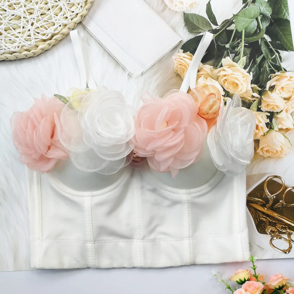 Cupnaya fleur Appliques femmes blanc Spandex haut court Sexy Push Up Bustier Corset Camisole gilet danse réservoirs taille réglable