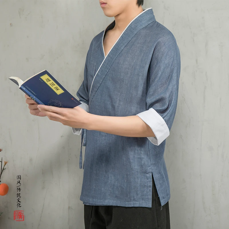 Men\'s Han Fu Shirts Men Cotton Linen Blouse Vintage Clothing Chinese Tradition Tops Tang Suit Male Half Sleeve Kimono M-4XL