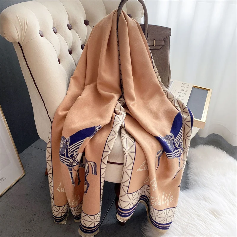 New Woman Fashion European And American Style Horse Pattern Printing Cashmere Shawl Multifunction Warm Scarf Gift