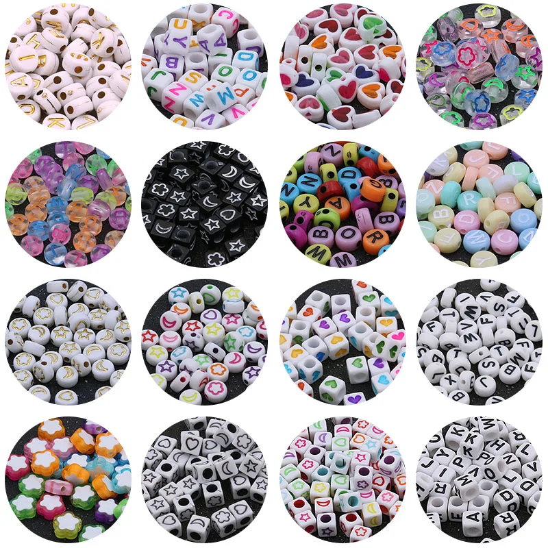 100PCS 19 Styles Mixed Letter  Round Flat Alphabet  Acrylic BeadsDigital Cube Loose Spacer Beads For DIY Jewelry Handmade