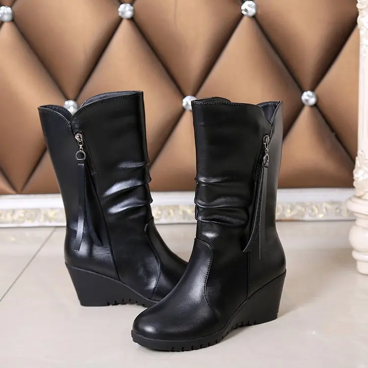 Winter Boots  Women Boots Wedge Mid Calf Boots Women Shoes Black Fashion Mother Shoes Leather Boots Round Toe Ladies Shoes 896