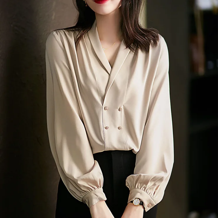 High Quality Office Lady Blouse Fashion Tops Double-Breasted Long Sleeves Shirt Elegant Vintage Loose Shirt OLN-6200