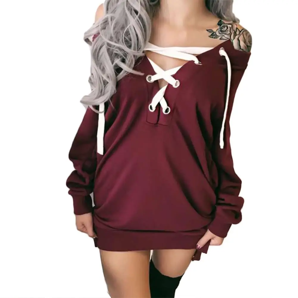 Women Sweatshirts Solid Color Long Sleeve Sexy Deep V Neck Tops Front Lacing Pullover Sweatshirt Chic Concise Shirt Dress