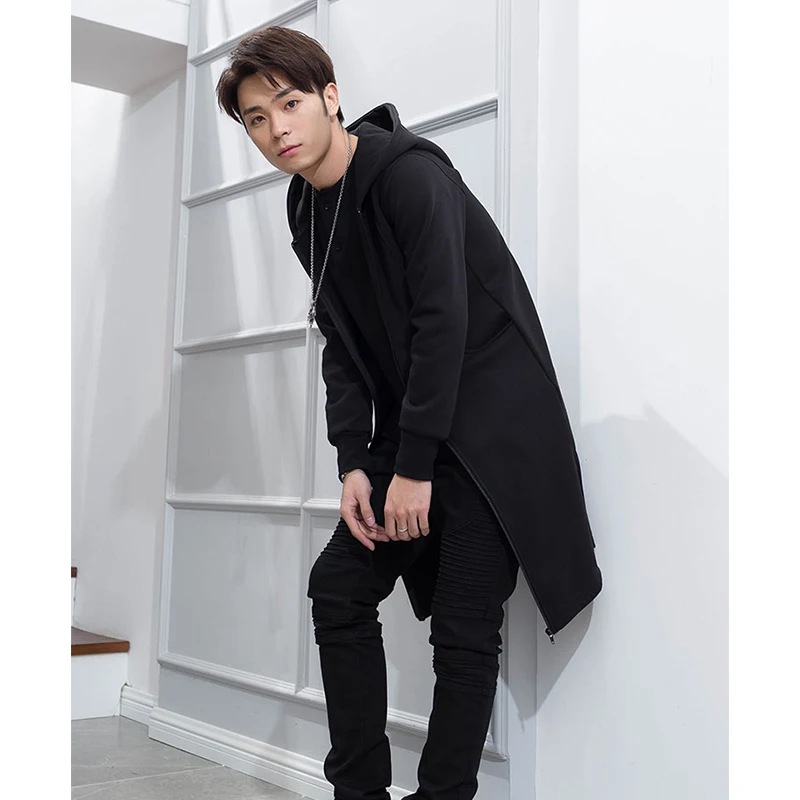 

Hoodie and cashmere Cardigan long men's slim thick jacket fashion over the knee youth Korean version of the black