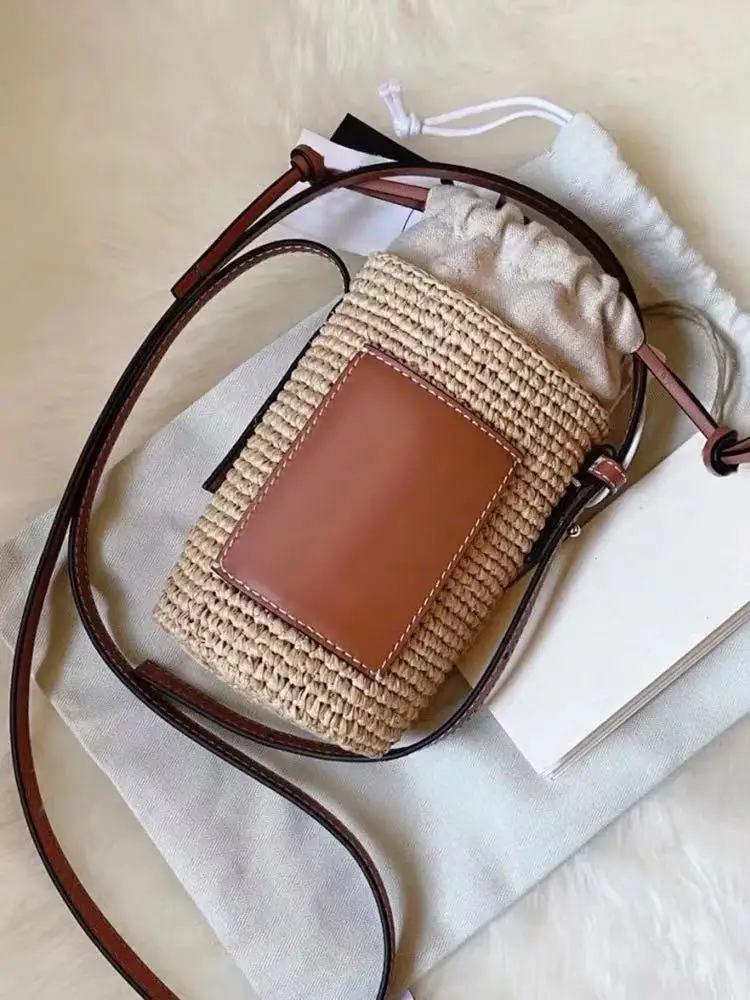 Bolso de playa informal de verano, cartera pequeña para móvil, bolso de rafia de diseñador, bolso de hombro tejido de paja redondo