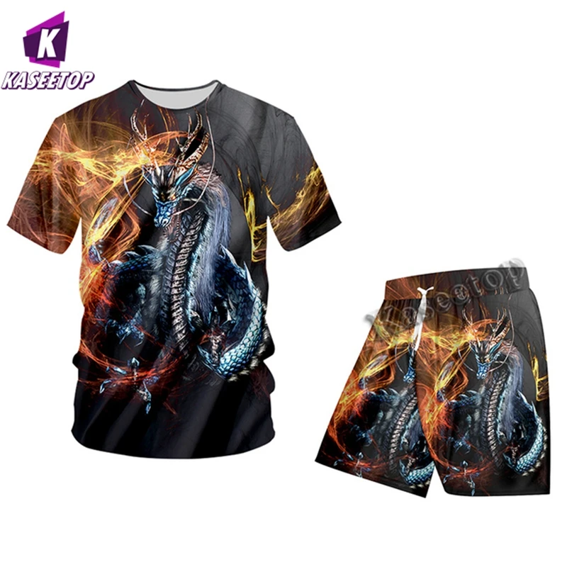 KASEETOP Summer 2 Pieces Set Women Cool Fire Dragon 3D Print Casual T Shirt And Shorts Tracksuit Hiphop Short Pants Suits Street