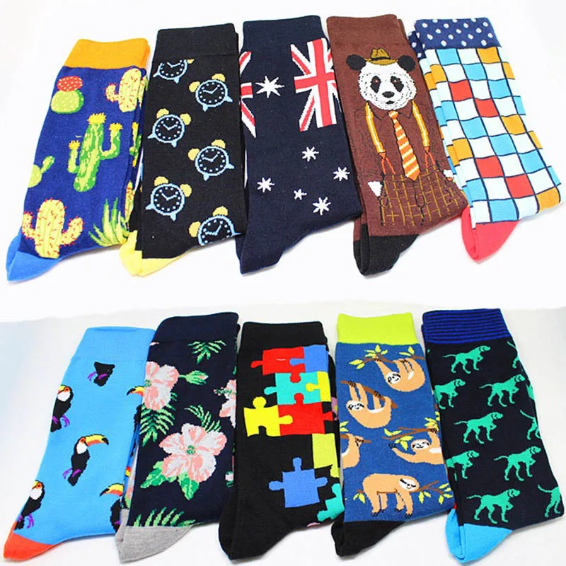 Men Crew Socks Cactus Pattern Hip Hop Happy Art  Cartoon Animal Bird Men Socks Funny Man Casual Harajuku Novelty Calcetines