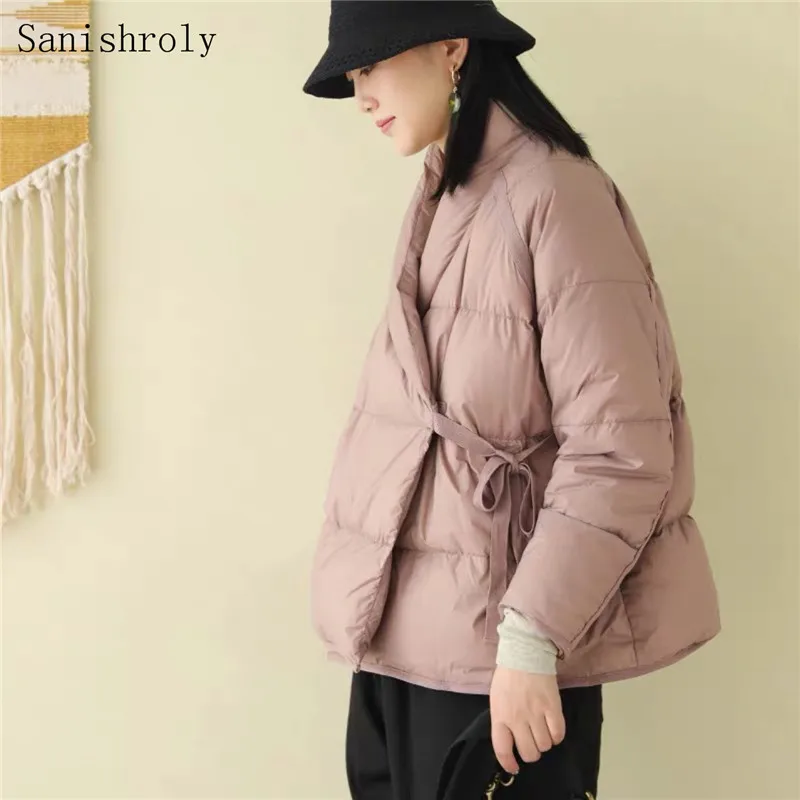 Vintage Oblique Collar 90%White Duck Down Coat Autumn Winter Women Tie Bow Short Oversize Jacket Lady Fashion Casual Down Parkas