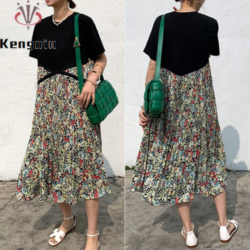 2023 Summer Plus Size 5XL Women's Dress Short Sleeve T-Shirt Dress Print Patchwork Pleated Robe Fake Two Piece Dress KE1293