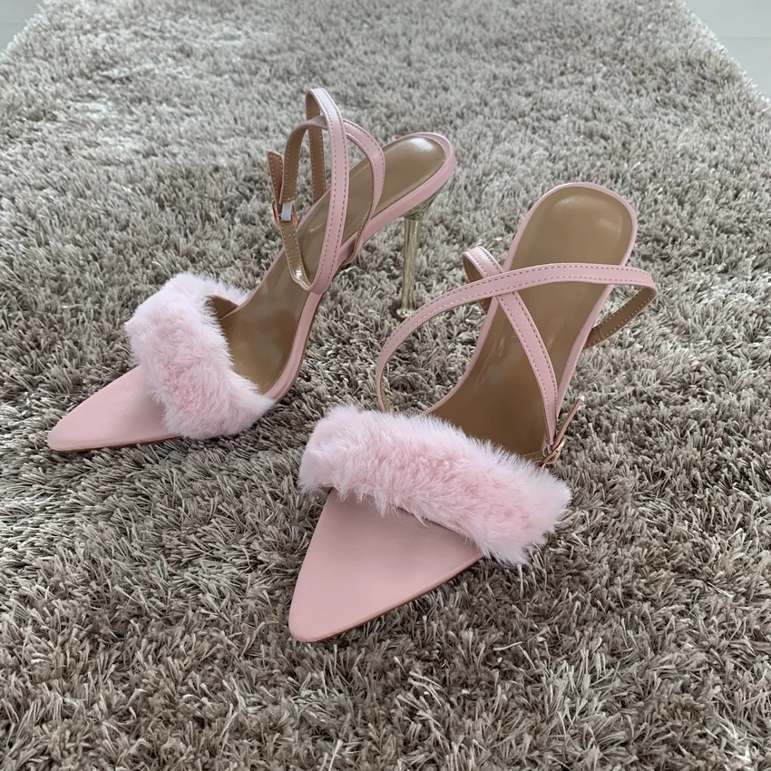 2021 New Summer Fashion Design Shoes For Women Sandals Fur Party Pumps Ankle Strap High Heels Ladies Sandal Shoes Open Toe Shoe