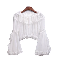 Lolita Blouse White Short Lace Crop Top Ladies Girls Long Sleeve Off Shoulder Semi-Sheer Shirt