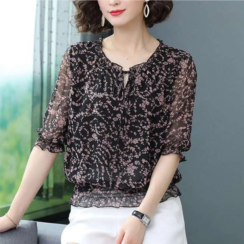 Floral Half Sleeve Shirts Loose Blouses Spring Summer Blusas Print Casual O-Neck Fashion Tops MM0329