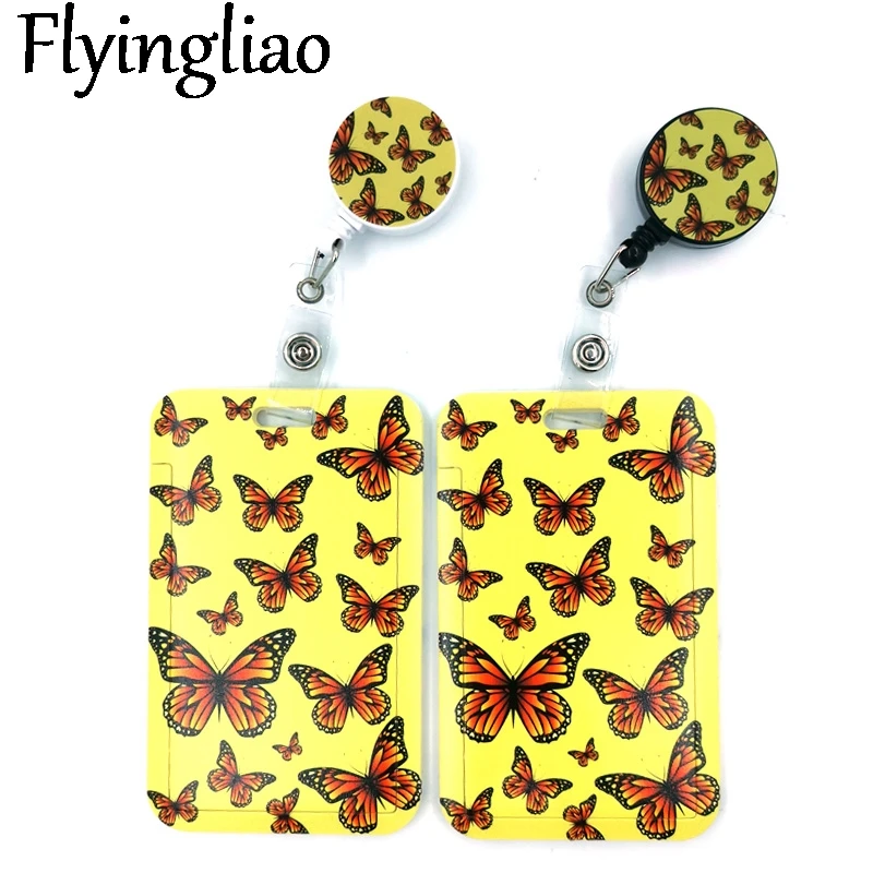 Yellow Monarch Butterfly Cartoon Cute Credit Card Holder Lanyard Women Men Kid Student  Reel ID Name Bus Clips Card Badge Holder