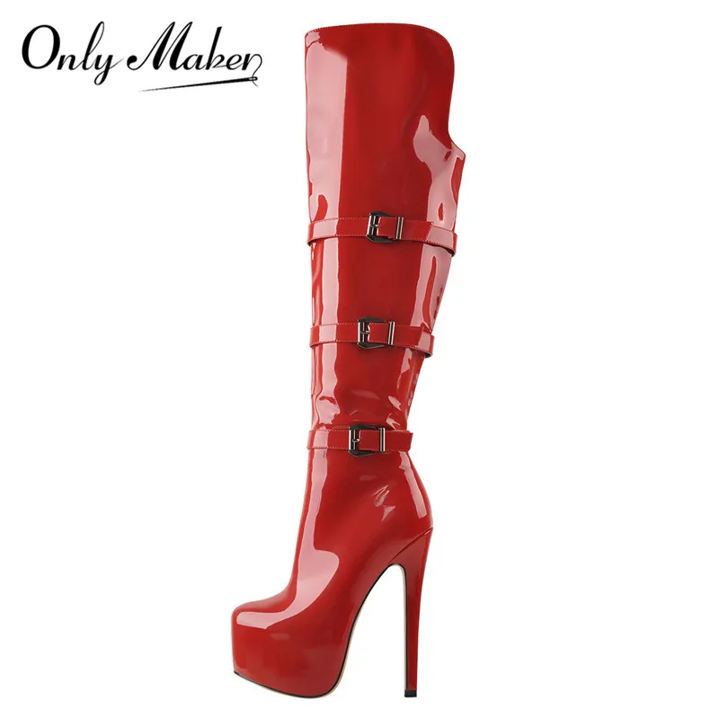 Onlymaker Women Platform Round Toe Stiletto Side Zipper Over The Knee High Boots Patent Leather Red Fashion Sexy Winter Boots