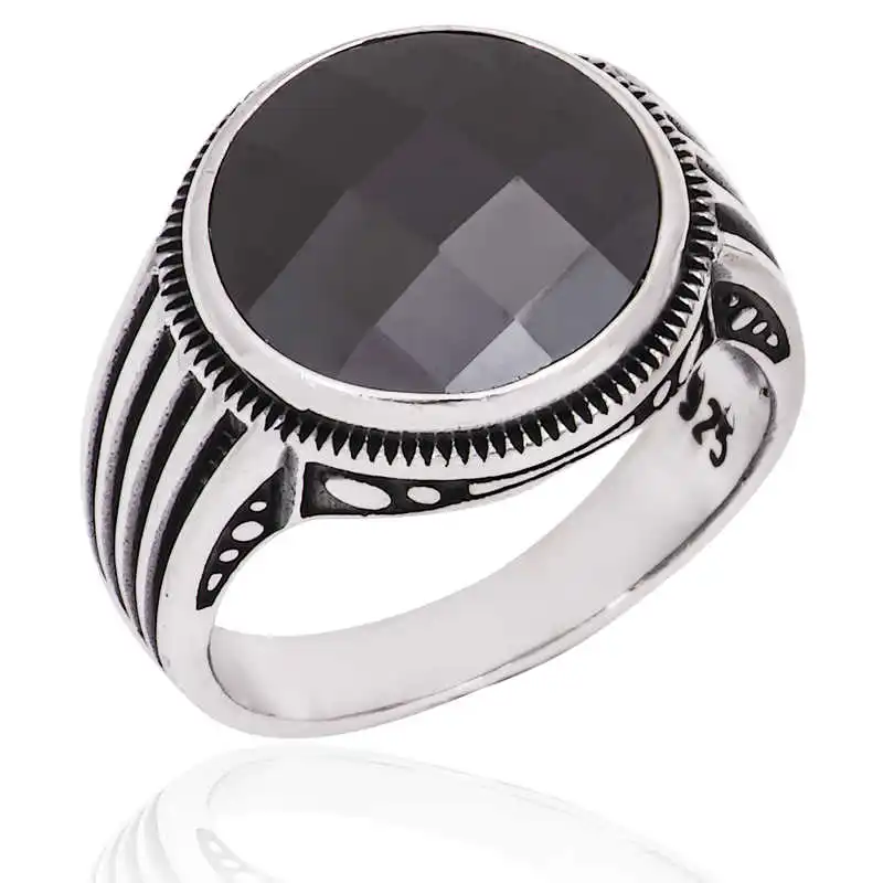 Silver Black Stone Men's Ring - 925 Sterling Men's Jewelry Wedding Birthday Gift - Box - Men - Fashion - Botiva - Size - Turkish - Patterned Embroidery