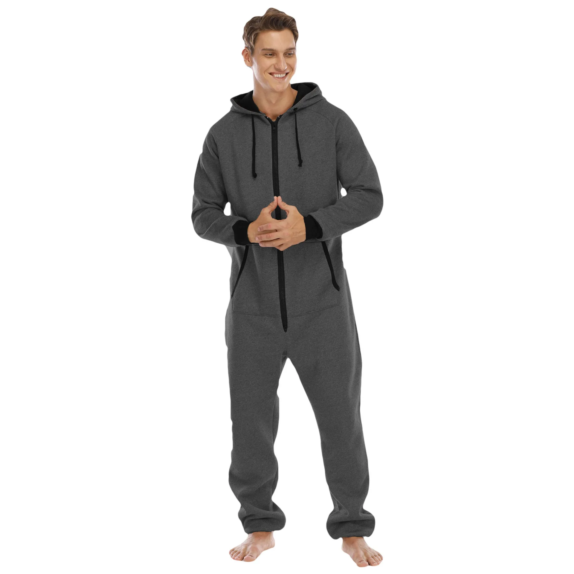 Solid Color Sleepwear Kigurumi Hooded Pajama Sets For Adult Men Pajamas Autumn Winter Warm Pyjamas Overall Suits