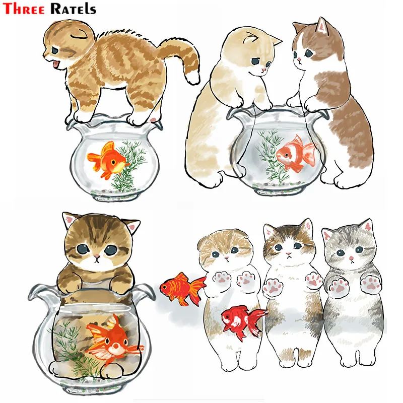 Three Ratels F266 Kitty Cats Catches Fish Sticker For Laptop Car Motorcycle Skateboard Fridge Luggage Backpack Phone Bike Decal