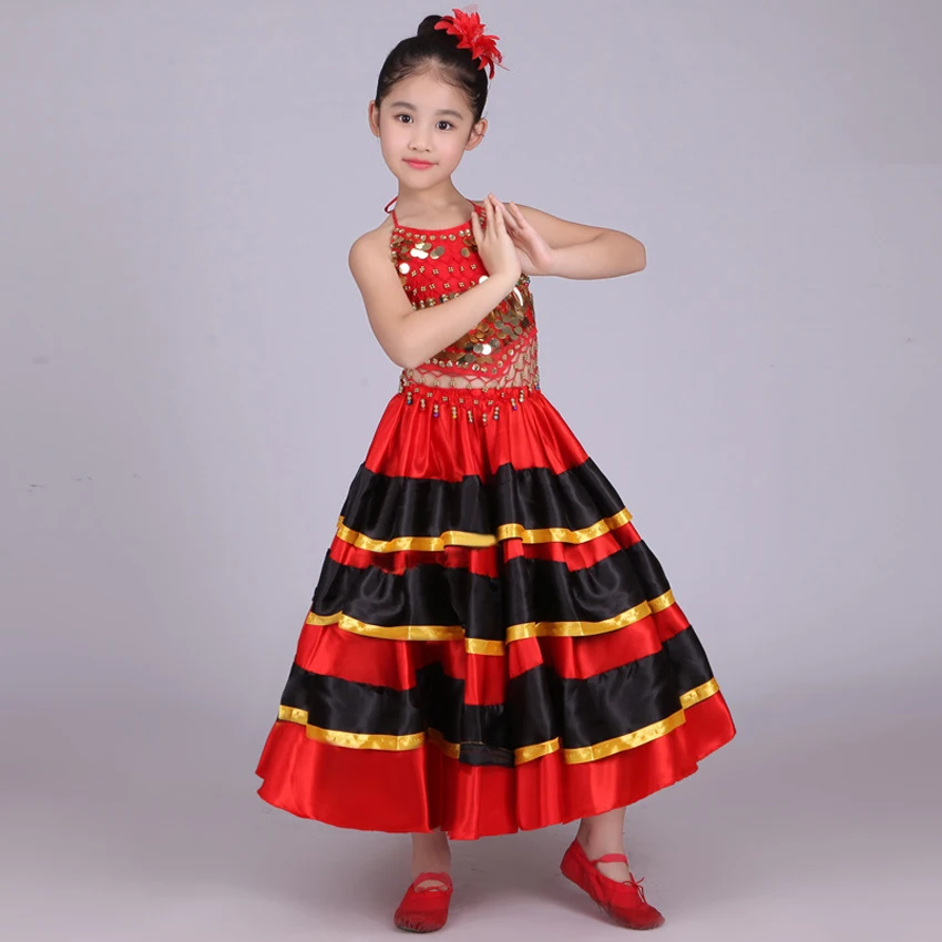 Halloween School Party Dance Costumes Kids Girls Flamenco Skirt Red Black Spanish Traditional Performance Sequin Vest