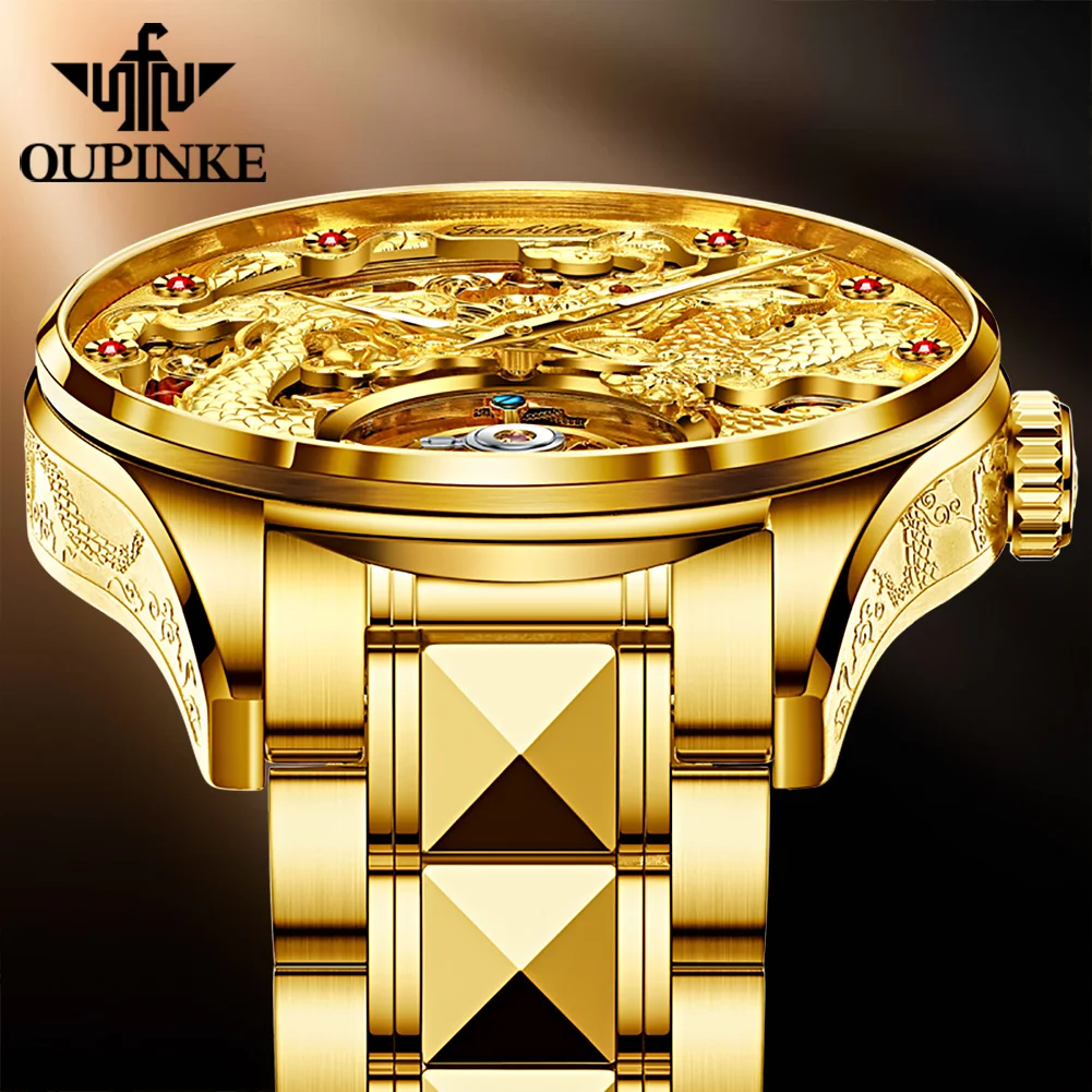 OUPINKE Tourbillon Automatic Mechanical Watches Top Luxury Gold Dragon Watch Royal Sapphire Mirror Skeleton Waterproof Man Watch