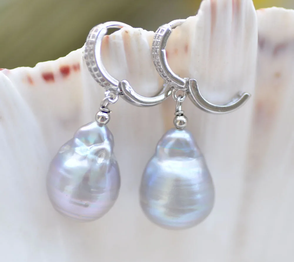 P7689 19mm Gray Baroque Keshi Pearl Dangle Earring CZ