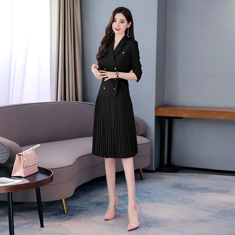 Notched Spring Autumn Professional Suit Pleated Dress Female New Fashion Blazer Dress Office Ladies Pink / Black Workwear K1093