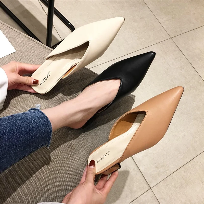 2021 Summer Fashion Women Beige Silver Pink Low High Heels Slides Mules Designer Beach Slippers Pointed Closed Toe Slides Shoes